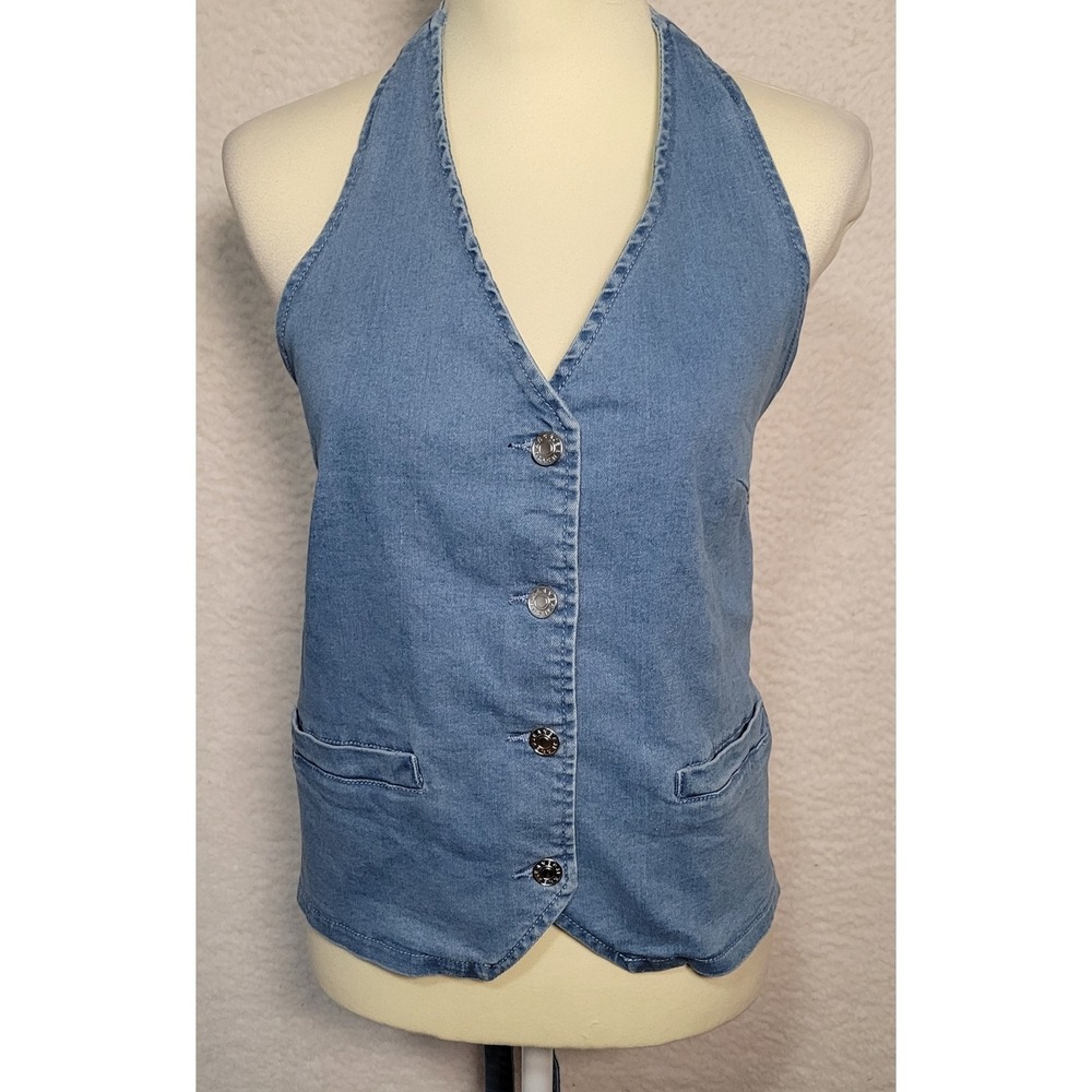 Denim Halter Vest Womens Size L Light Blue Button Pockets Tie Back 1449